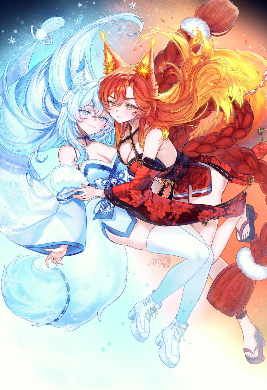 2girls absurdres animal_ear_fluff animal_ears armpits bare_shoulders bell blonde_hair blue_eyes blue_hair breasts by_mirin cleavage commentary criss-cross_halter crossed_bangs detached_sleeves dual_persona flame-tipped_ears flame-tipped_tail floating floral_print floral_print_kimono fox_ears fox_girl fur-trimmed_kimono fur-trimmed_sleeves fur_trim furisode geta gradient_hair hair_ornament halterneck highres hug indie_virtual_youtuber japanese_clothes jingle_bell kimono kimono_dress large_breasts long_sleeves looking_at_viewer multicolored_hair multiple_girls obi obidome obijime orange_hair platform_shoes print_kimono red_eyes red_kimono rope sash shimenawa shoes smug_alana snowflake_hair_ornament snowflakes thighhighs thighs toes virtual_youtuber white_hair white_kimono white_shoes white_thighhighs