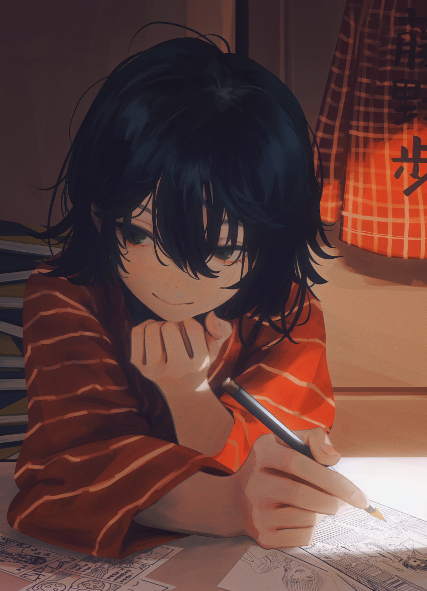 1girl absurdres black_hair blush book book_stack character_name chinese_commentary commentary_request drawing_(object) hair_between_eyes hanten_(clothes) highres holding holding_pencil indoors kyomoto_(look_back) light_smile look_back_(manga) messy_hair pencil sideways_glance sitting sketchbook solo translated yao_liao_wang