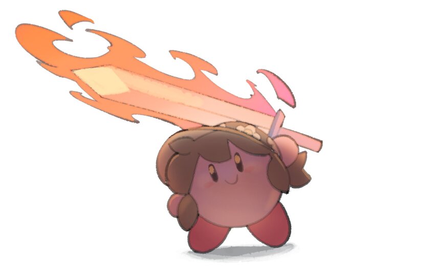 blush blush_stickers closed_mouth commentary cosplay english_commentary fire flaming_sword flaming_weapon floral_print full_body grey_hair grey_hat hat highres holding holding_sword holding_weapon kirby kirby_(series) kirby_64 nintendo original power_combo_(kirby) simple_background smile solo sword temmie_chang temmie_chang_(character) temmie_chang_(character)_(cosplay) weapon white_background