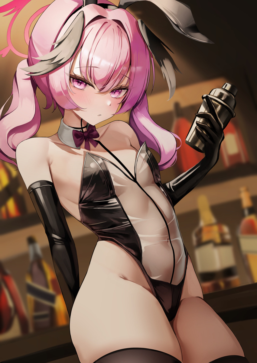 1girl absurdres alternate_costume animal_ears bar_(place) bare_shoulders black_gloves black_thighhighs black_wings blue_archive blurry blurry_background bottle bow bowtie breasts covered_navel detached_collar elbow_gloves fake_animal_ears feathered_wings gloves halo hat head_wings highleg highleg_leotard highres holding holding_bottle indoors koharu_(blue_archive) leotard long_hair looking_at_viewer mikiri pink_eyes pink_hair rabbit_ears red_bow red_bowtie see-through_clothes small_breasts solo thighhighs thighs twintails wings