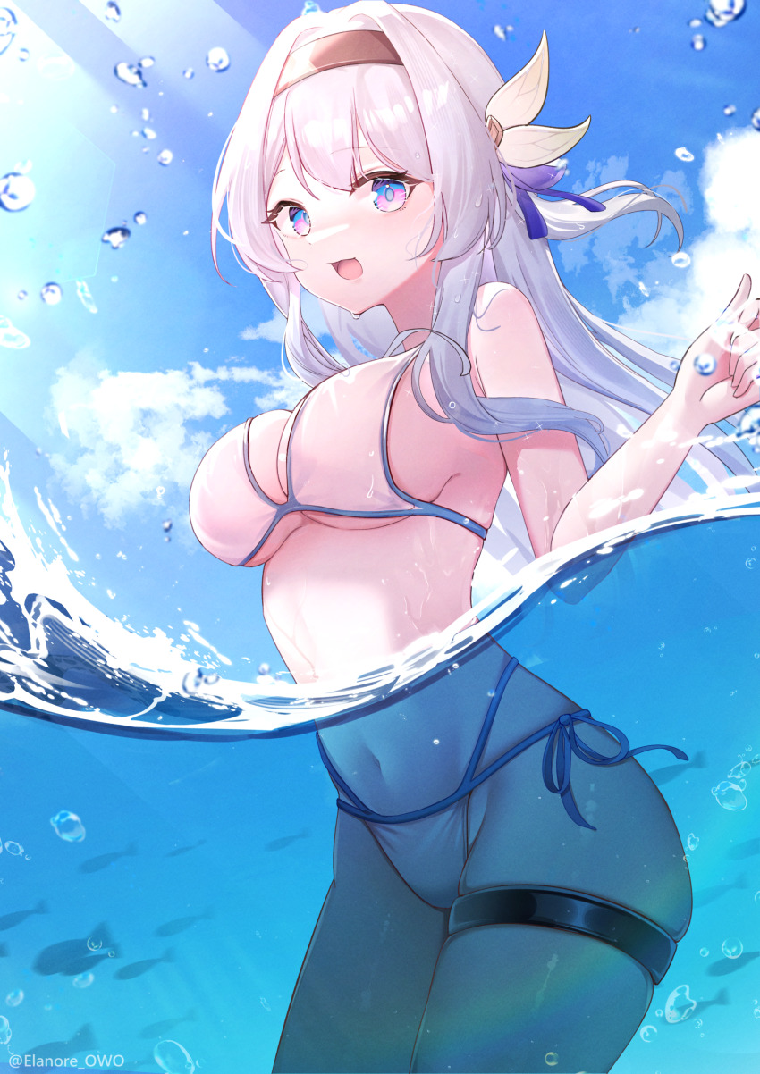 1girl absurdres alternate_costume bikini blue_sky breasts brown_hairband bubble cloud cloudy_sky commentary commentary_request cowboy_shot day elanore english_commentary firefly_(honkai:_star_rail) fish grey_hair hair_intakes hair_ornament hair_ribbon hairband highres honkai:_star_rail honkai_(series) in_water large_breasts long_hair looking_at_viewer mixed-language_commentary multi-strapped_bikini_bottom open_mouth outdoors partially_submerged partially_underwater_shot ribbon sky smile solo string_bikini swimsuit thigh_strap twitter_username white_bikini