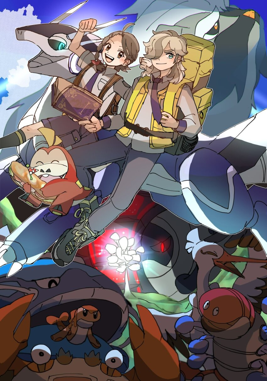 1boy 1girl arven_(pokemon) backpack bag beak belt black_sclera blue_eyes blue_skin blue_sky bombirdier book brown_bag brown_hair closed_eyes cloud colored_sclera colored_skin commentary_request crab crocodilian dog dondozo fangs fish flower food fuecoco glowing glowing_eyes great_tusk grey_hair highres holding holding_book juliana_(pokemon) klawf mabosstiff medium_hair miraidon nintendo non_pmpm open_mouth orthworm pokemon pokemon_(creature) pokemon_sv red_eyes sandwich school_uniform skin_fangs sky smile submarine_sandwich tatsugiri tatsugiri_(curly) teeth uva_academy_school_uniform v-shaped_eyebrows white_flower yellow_bag