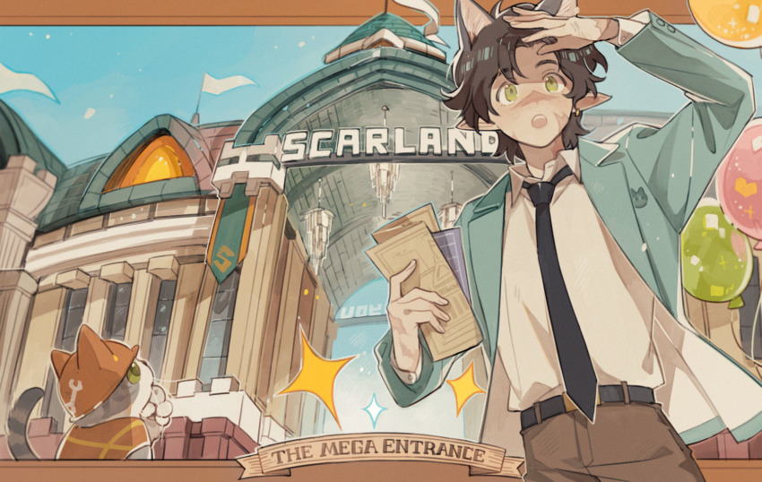 1boy animal animal_ears brown_hair cat cat_boy cat_ears clothed_animal extra_ears flag goodtimeswithscar goodtimeswithscar_(scarland) green_eyes hard_hat helmet hermitcraft highres jacket jellie_(hermitcraft) kemonomimi_mode luminous_slime male_focus minecraft_youtube necktie open_clothes open_jacket outdoors pointy_ears scar scarland solo sparkle