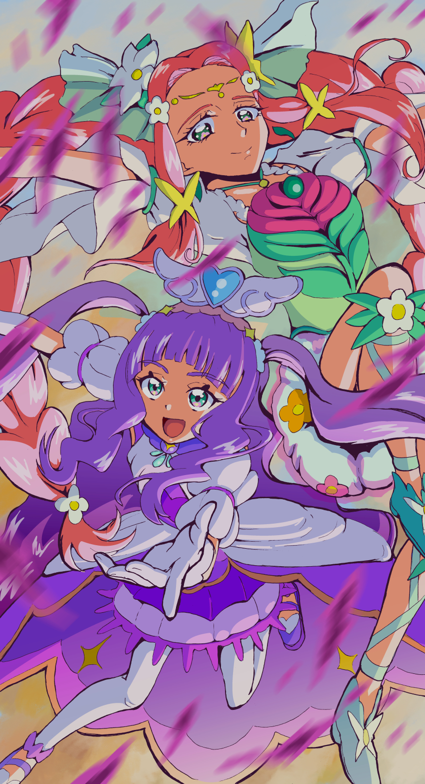 2girls absurdres aqua_eyes aqua_footwear aqua_ribbon blue_scrunchie boots braid brooch bubble_skirt circlet closed_mouth cure_felice cure_majesty detached_sleeves dress earrings elbow_gloves ellee-chan flower flower-shaped_pupils gloves green_eyes hair_flower hair_ornament hanami_kotoha high_heel_boots high_heels highres hirogaru_sky!_precure jewelry kagekaku layered_skirt leaf_earrings leg_ribbon long_hair magical_girl mahou_girls_precure! multiple_girls necklace open_mouth pink_hair precure puffy_detached_sleeves puffy_short_sleeves puffy_sleeves purple_dress purple_footwear purple_hair purple_skirt ribbon rose scrunchie short_dress short_sleeves skirt smile symbol-shaped_pupils thighhighs tiara twin_braids two-tone_dress two_side_up very_long_hair white_gloves white_skirt white_thighhighs wing_brooch