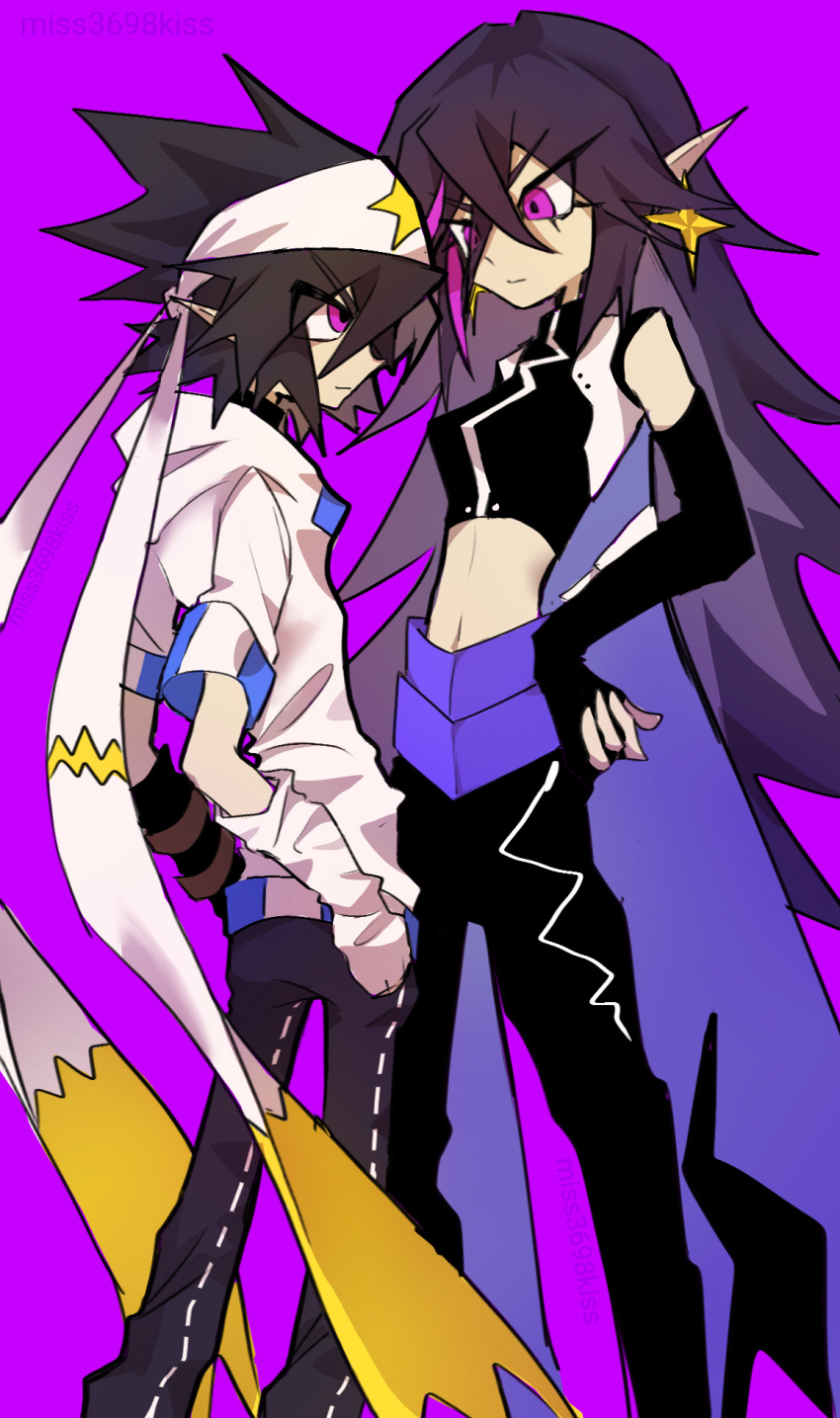 1boy 1girl aotu_world asymmetrical_gloves belt black_gloves black_hair black_pants brother_and_sister cape closed_mouth crop_top detached_sleeves earrings elbow_gloves fingerless_gloves gloves hair_between_eyes hand_on_own_hip hands_on_own_hips headband highres hood hood_down hooded_jacket hoodie jacket jewelry liangxingbgaliangxingbgaliangxingbgaliangxing long_hair looking_at_another midriff navel pants pink_eyes pointy_ears purple_background purple_belt purple_cape purple_eyes purple_pants purple_theme ray_(aotu_world) rey_(aotu_world) shirt short_hair short_sleeves siblings simple_background sleeveless sleeveless_shirt smile spiked_hair standing star_(symbol) star_print very_long_hair white_gloves white_headband white_jacket