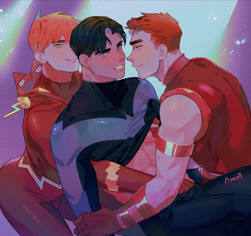 3boys abs armlet bananakiiwi batman_(series) black_bodysuit black_hair blue_eyes blush bodysuit clothes_lift dc_comics dick_grayson gloves green_eyes grey_bodysuit groping group_sex hand_under_clothes highres jewelry licking_lips lifting_another&#039;s_clothes looking_at_another looking_at_viewer male_focus mmm_threesome multiple_boys muscular muscular_male orange_hair pectorals red_arrow red_bodysuit red_gloves red_shirt roy_harper shirt short_hair sleeveless sleeveless_shirt smile teeth the_flash threesome tongue tongue_out two-tone_bodysuit wally_west yaoi young_justice