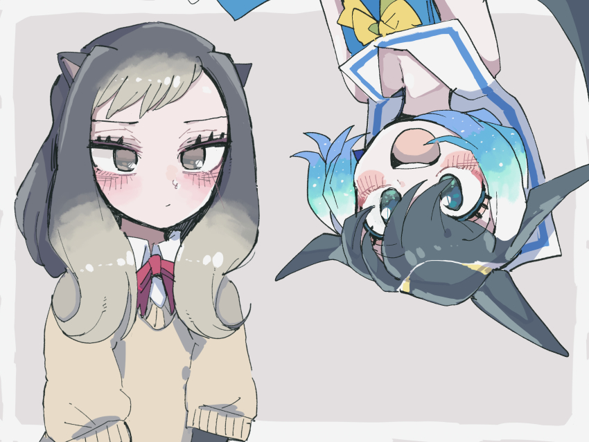 2girls :d absurdres alpine_marmot_(kemono_friends) animal_ears black_hair blonde_hair bow bowtie collared_shirt common_dolphin_(kemono_friends) dorsal_fin expressionless fins green_eyes grey_eyes grey_hair hair_between_eyes head_fins highres impossible_hair kanmoku-san kemono_friends long_hair long_sleeves looking_at_viewer medium_hair multicolored_hair multiple_girls neck_ribbon open_mouth ribbon sailor_collar shirt sleeveless smile sweater tail upside-down white_hair wing_collar