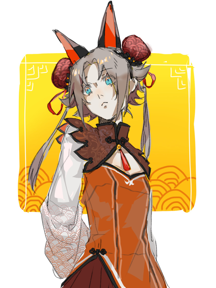 1boy animal_ears blue_eyes brown_hair bun_cover chinese_commentary cleavage_cutout closed_mouth clothing_cutout commentary_request gouzhiyi highres long_sleeves male_focus mandarin_collar mysta_rias nijisanji nijisanji_en orange_shirt parted_bangs seigaiha shirt short_hair_with_long_locks solo tassel trap virtual_youtuber
