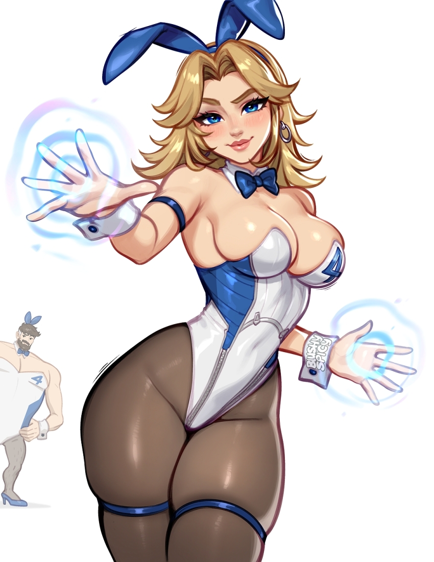 1boy 1girl animal_ear_hairband animal_ears arm_strap blonde_hair blue_bow blue_bowtie blue_eyes blue_leotard blushyspicy bow bowtie breasts brown_pantyhose closed_mouth cowboy_shot detached_collar earrings energy fake_animal_ears fantastic_four hairband highres hoop_earrings husband_and_wife jewelry large_breasts leotard lips marvel marvel_rivals pantyhose playboy_bunny rabbit_ear_hairband rabbit_ears reed_richards solo_focus sue_storm wrist_cuffs