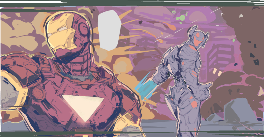 2boys 7_passes arc_reactor armor avengers_(series) building commentary cowboy_shot english_commentary explosion full_armor grey_armor iron_man laser male_focus marvel marvel_rivals michel_teru multicolored_armor multiple_boys power_armor red_armor robot rock skyscraper smoke standing superhero_costume ultron upper_body yellow_armor