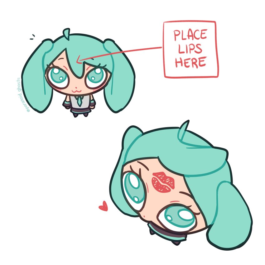 1girl :3 absurdres ahoge aqua_eyes aqua_hair chibi commentary detached_sleeves dot_nose english_commentary english_text eyelashes from_above full_body hatsune_miku heart highres legs_apart lipstick_mark_on_forehead long_hair meme multiple_views necktie paranoid_ghosts place_lips_here_(meme) simple_background skirt standing twintails twitter_username very_long_hair vocaloid white_background