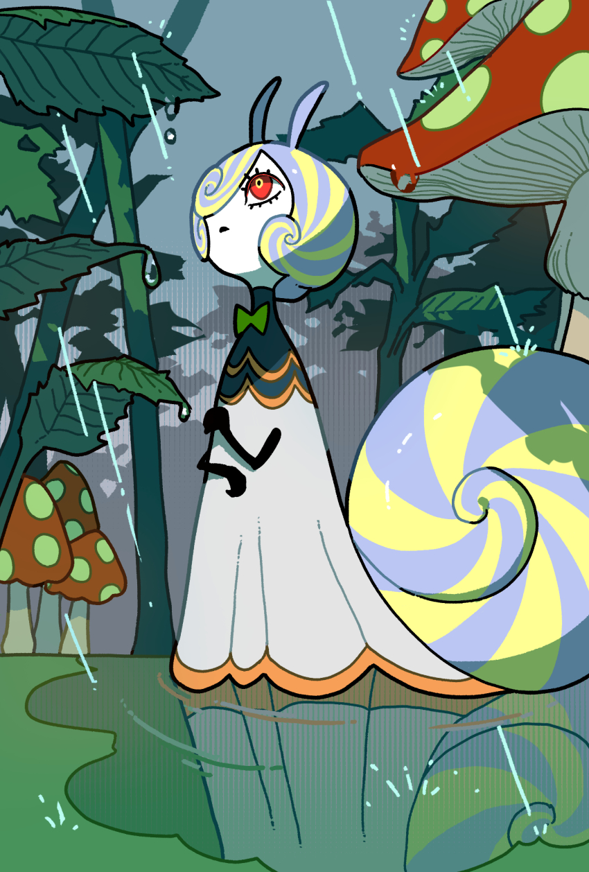 1girl antennae blonde_hair blue_hair hair_over_one_eye highres mini_person minigirl momomo_906 multicolored_hair mushroom original outdoors overcast puddle rain red_eyes shell sky snail_girl solo streaked_hair