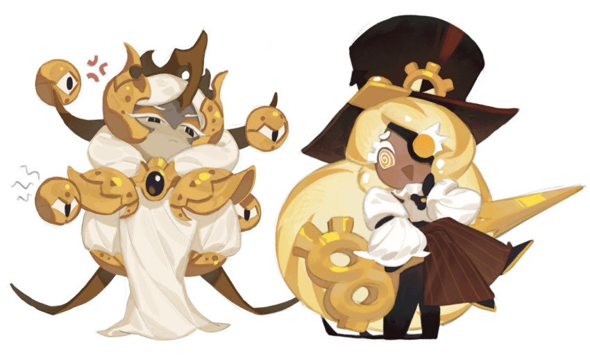 1girl 1other :d anger_vein arm_at_side arms_behind_back black_eyes black_footwear black_gloves black_hat blonde_hair bozi_(labochushi) brooch brown_pants coattails colored_skin cookie_run cookie_run:_ovenbreak crossed_legs dark-skinned_female dark_skin dress_shirt extra_arms extra_eyes eyewear_on_headwear flats floating frown full_body furrowed_brow gloves grey_skin half-closed_eyes hand_on_own_face hand_rest hat highres horns huge_weapon jewelry long_sleeves longan_dragon_cookie looking_at_another multiple_girls on_weapon open_mouth orange_eyes pants pinstripe_pants pinstripe_pattern robe scissors shawl sheep_horns shirt side-by-side sideways_glance simple_background smile timekeeper_cookie top_hat triangle_mouth unconventional_broom weapon white_background white_hair white_robe white_shawl white_shirt wide_hair wide_sleeves yellow_horns