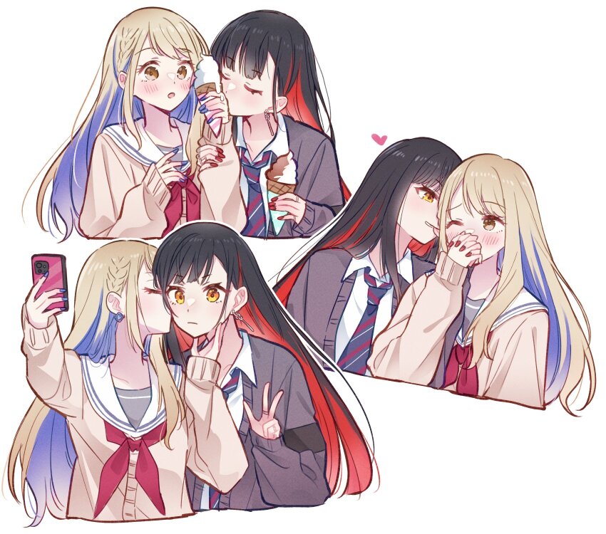 2girls azusawa_kohane beru_popooo biting biting_ear black_hair blonde_hair blue_hair blush brown_eyes closed_eyes closed_mouth colored_inner_hair food heart highres holding holding_hands holding_phone ice_cream interlocked_fingers kamiyama_high_school_uniform_(project_sekai) kiss kissing_cheek licking licking_another&#039;s_hand long_hair miyamasuzaka_girls&#039;_academy_school_uniform multicolored_hair multiple_girls official_alternate_hair_length official_alternate_hairstyle one_eye_closed open_mouth orange_eyes parted_lips phone project_sekai red_hair school_uniform selfie shiraishi_an simple_background w whip_the_wimp_girl!!_(project_sekai) white_background yuri