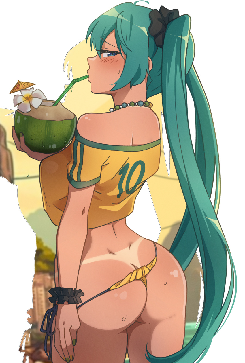 1girl absurdres alternate_breast_size animanghayo aqua_eyes aqua_hair artist_name ass bikini_bottom_pull black_scrunchie blush brazilian_miku breasts butt_crack clip_studio_paint_(medium) coconut coconut_cup commentary cowboy_shot cropped_shirt drinking drinking_straw drinking_straw_in_mouth english_commentary flower food from_behind fruit furrowed_brow hair_ornament hair_scrunchie hatsune_miku highres holding holding_food holding_fruit large_breasts off-shoulder_shirt off_shoulder paid_reward_available patreon_logo patreon_username scrunchie shirt solo standing tan tanline thighs twintails vocaloid yellow_shirt