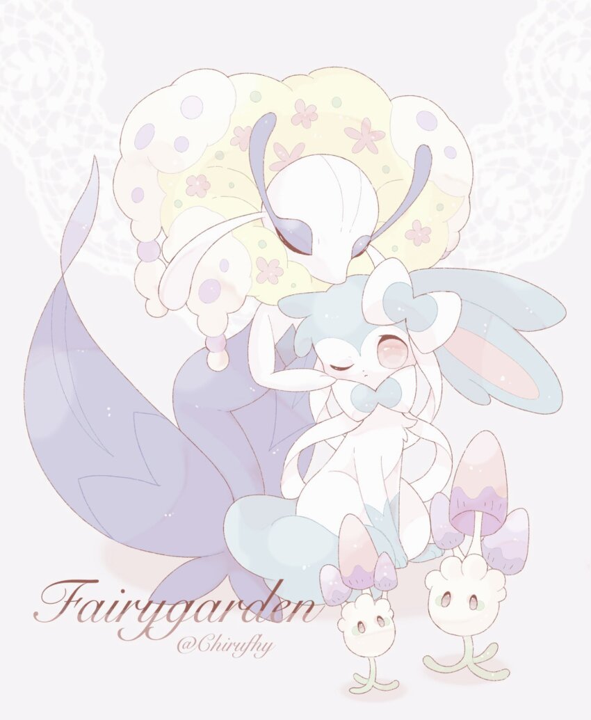 1girl alternate_color closed_mouth commentary_request florges florges_(yellow_flower) gen_6_pokemon gen_7_pokemon green_eyes highres monster_girl morelull nintendo no_humans one_(chirufhy) one_eye_closed pink_eyes plant_girl pokemon pokemon_(creature) shiny_pokemon sitting sylveon twitter_username