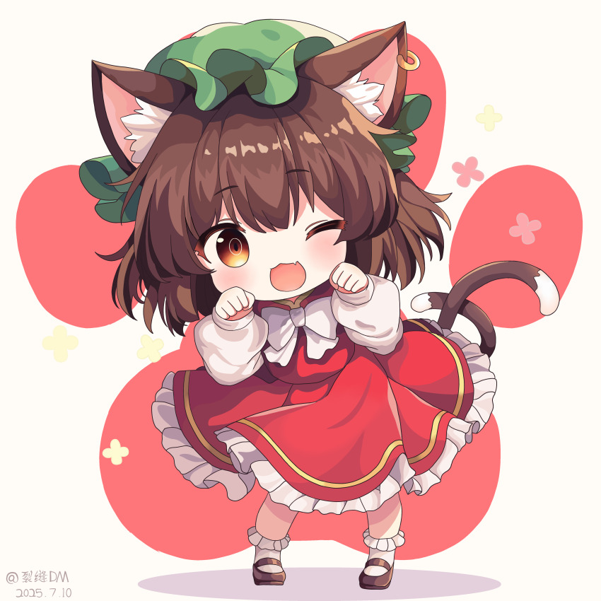 1girl :3 ;d absurdres animal_ear_fluff animal_ear_piercing animal_ears artist_name blush bow bowtie brown_eyes brown_hair brown_shoes cat_ears cat_girl cat_tail chen chibi chibi_only commentary dated dress fang frilled_dress frilled_socks frills full_body green_hat hands_up hat highres liefeng_dm long_sleeves looking_at_viewer mary_janes mob_cap multiple_tails one_eye_closed open_mouth paw_pose red_dress shirt shoes short_hair skin_fang smile socks solo standing tail touhou two_tails white_background white_bow white_bowtie white_shirt