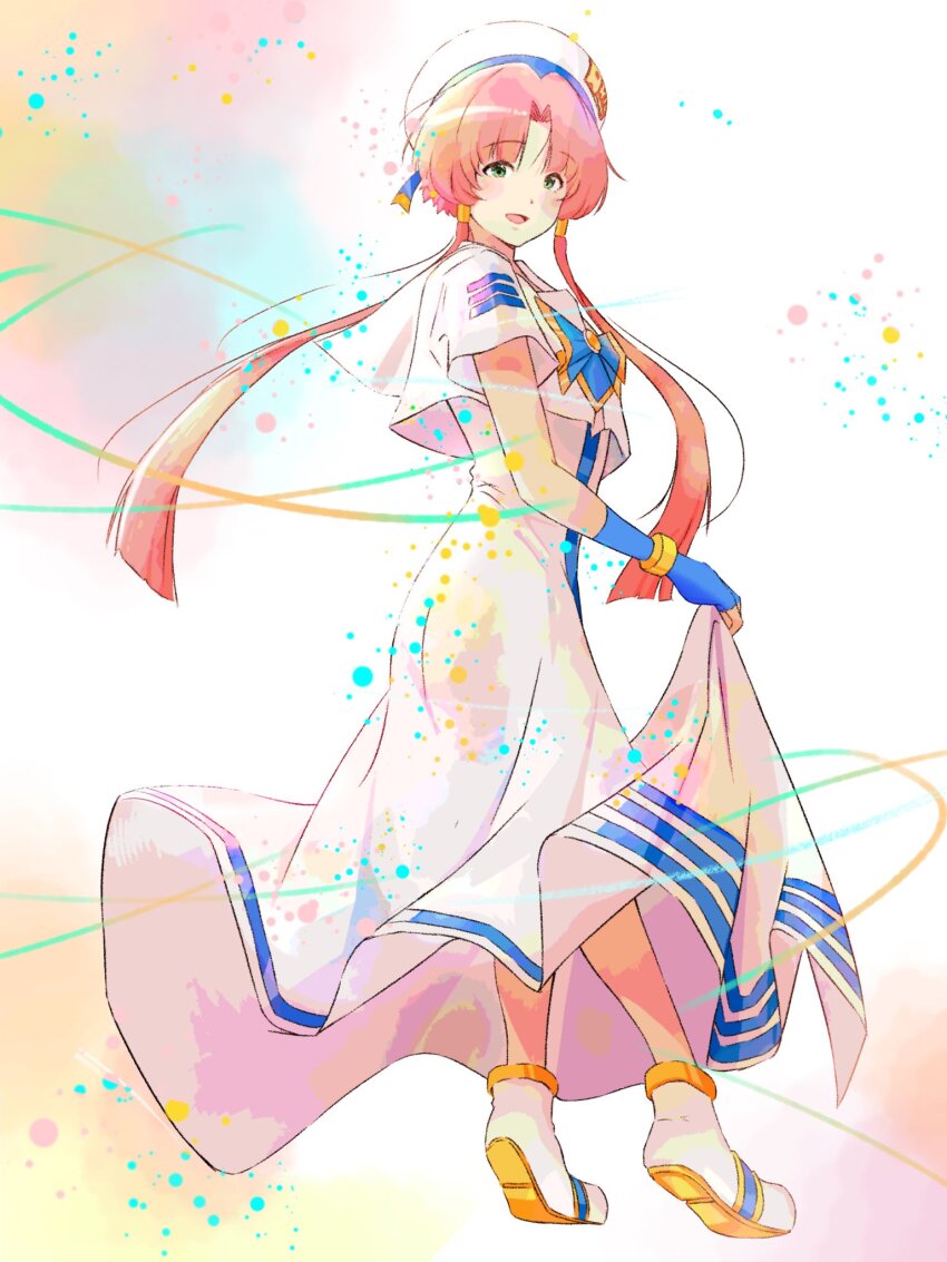 1girl andanden aria_(manga) aria_company_uniform beret blue_bow blue_bowtie blue_gloves blue_ribbon blush bow bowtie clothes_lift dress dress_lift fingerless_gloves full_body gloves gold_trim green_eyes hair_tubes hashtag-only_commentary hat hat_ribbon highres long_dress looking_at_viewer mizunashi_akari open_mouth parted_bangs pink_hair ribbon short_hair_with_long_locks short_sleeves smile solo standing tiptoes white_dress white_hat