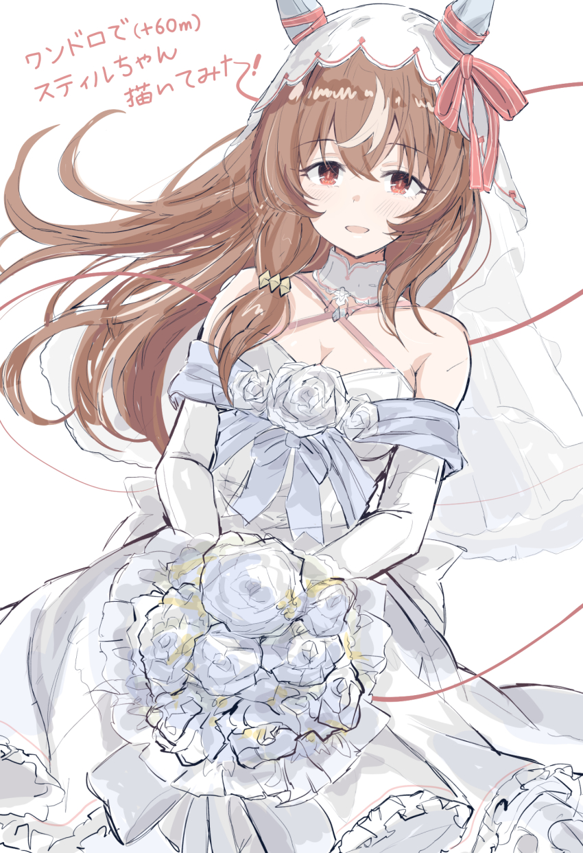 1girl alternate_costume animal_ears blush breasts bridal_veil brown_hair cleavage collarbone commentary_request detached_sleeves dress flower hair_between_eyes hair_ornament highres horse_ears horse_girl kannagiray long_hair open_mouth red_eyes still_in_love_(umamusume) translation_request umamusume veil wedding_dress white_background