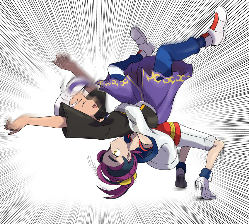 2boys :d afterimage asatsuki_(fgfff) blue_pants blue_socks closed_eyes closed_mouth commentary_request drayton_(pokemon) emphasis_lines expressionless from_side highres jacket kieran_(pokemon) male_focus motion_blur motion_lines multicolored_hair multiple_boys nintendo open_mouth pants pokemon pokemon_sv red_shirt shirt shoes shorts smile socks streaked_hair suplex white_background white_hair white_jacket white_shoes white_shorts yellow_eyes