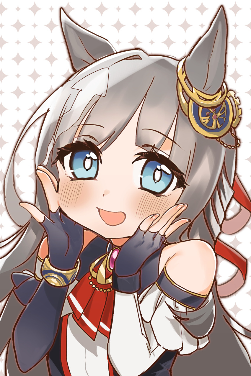 1girl absurdres animal_ears blue_eyes blunt_bangs blush chrono_genesis_(umamusume) commentary_request detached_sleeves fingerless_gloves gloves grey_hair hair_between_eyes hair_ornament hands_on_own_cheeks hands_on_own_face highres horse_ears horse_girl long_hair looking_at_viewer open_mouth phidae_hydro portrait solo umamusume white_background