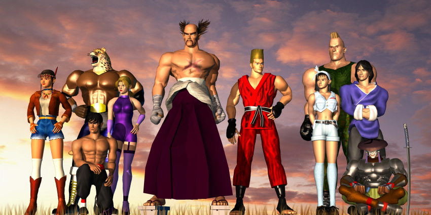 absurdres highres jack_(tekken) jack_2 kazama_jun king_(tekken) lei_wulong marshall_law michelle_chang mishima_heihachi multiple_boys multiple_girls namco paul_phoenix tekken tekken_2 weapon yoshimitsu_(namco)