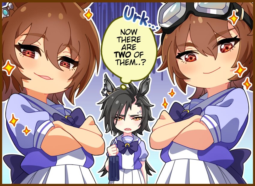 3girls agnes_flight_(racehorse) agnes_tachyon_(umamusume) air_shakur_(umamusume) animal_ears annoyed aviator_goggles bag black_hair bow bowtie brown_hair chibi chibi_only closed_mouth colored_speech_bubble commentary crossed_arms ear_chain ear_ornament english_commentary english_text eyebrow_piercing face_piercing gloom_(expression) goggles goggles_on_head hair_between_eyes highres holding_strap horse_ears horse_girl knew_nothing linked_piercing long_hair multiple_girls original outline parted_hair parted_lips personification piercing pleated_skirt puffy_short_sleeves puffy_sleeves purple_bow purple_bowtie purple_shirt red_eyes sailor_collar sailor_shirt school_bag school_uniform shirt short_hair short_sleeves siblings sisters skirt smile sparkle sparkling_aura speech_bubble summer_uniform symmetrical_pose thought_bubble tracen_school_uniform umamusume upper_body white_outline white_sailor_collar white_skirt yellow_eyes
