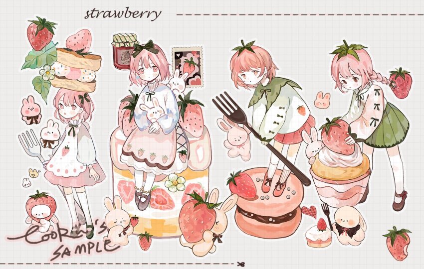 4girls animal animal_on_lap ankle_socks anklet apron asymmetrical_legwear bead_anklet beads black_bow black_footwear black_ribbon blue_shirt bow braid brown_bow brown_eyes brown_footwear cake capelet collar collared_shirt commentary cross-laced_clothes cross-laced_skirt cupcake english_text flower food food_on_head food_print footwear_bow fork frilled_apron frilled_sleeves frills fruit fruit_print full_body green_capelet green_skirt grey_background grey_shirt grey_sleeves grid_background hair_bow heart holding holding_animal holding_food holding_fork holding_rabbit ice_cream ice_cream_sandwich jam jewelry kneehighs layered_skirt leaf leaf_on_head leaning_forward light_blush long_sleeves macaron mary_janes medium_hair medium_skirt miniskirt mismatched_legwear multiple_girls neck_ribbon object_on_head on_food on_lap open_mouth original outline oversized_food oversized_object pantyhose parted_lips pink_eyes pink_hair pink_shoes pink_skirt pink_socks pleated_skirt postage_stamp puffy_long_sleeves puffy_sleeves rabbit ribbon ribbon-trimmed_skirt ribbon_trim sample_watermark shirt shoes single_braid sitting sitting_on_food skirt sleeve_bow socks standing strawberry strawberry_print strawberry_shortcake striped_clothes striped_socks symbol-only_commentary tooruruuu turtleneck turtleneck_shirt vertical-striped_clothes vertical-striped_socks watermark white_apron white_collar white_flower white_outline white_pantyhose white_shirt white_skirt white_socks