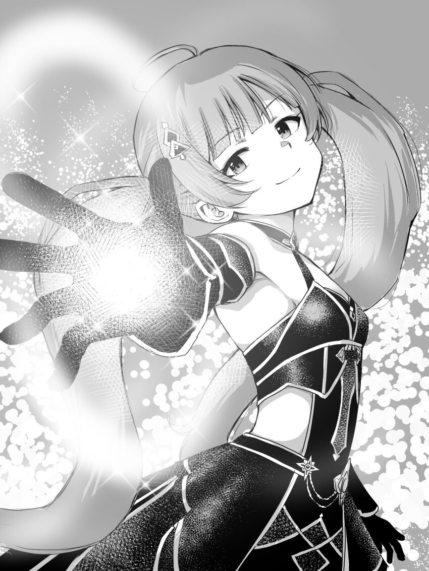 1girl ahoge armpits aura bare_shoulders black_gloves blunt_bangs breasts dress eyelashes from_side gloves greyscale hair_ornament hakozaki_serika halter_dress halterneck highres idolmaster idolmaster_million_live! idolmaster_million_live!_theater_days light_smile long_hair looking_at_viewer looking_to_the_side matcha_kingyo monochrome official_alternate_costume sideboob sidelocks small_breasts solo twintails very_long_hair wavy_hair