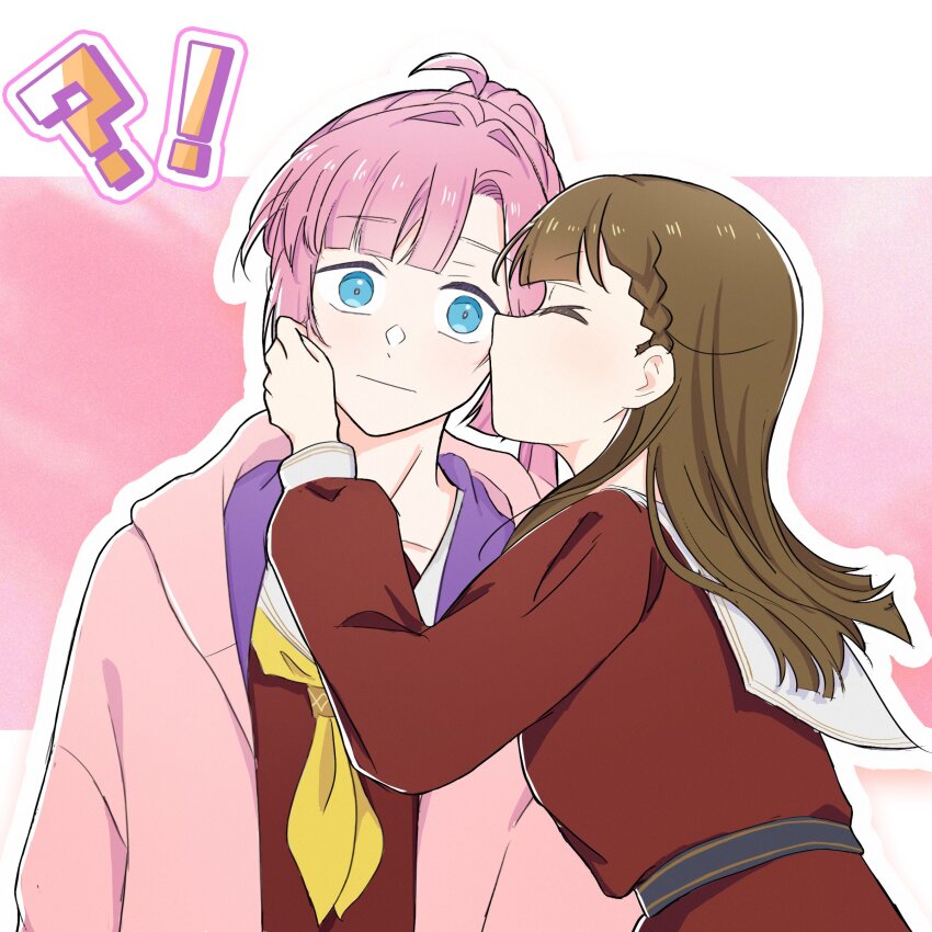 !? 2girls :| ^_^ absurdres ahoge anyoji_hime blonde_hair blue_eyes blunt_bangs braid brown_dress brown_hair center-flap_bangs closed_eyes closed_mouth dress gradient_hair hair_intakes hasu_no_sora_school_uniform highres hood hooded_jacket jacket kachimachi_kosuzu kiss kissing_cheek letterboxed link!_like!_love_live! long_hair long_sleeves love_live! multi-tied_hair multicolored_hair multiple_girls neckerchief open_clothes open_jacket open_mouth outline outside_border pink_background pink_hair pink_jacket ponytail profile rai_(kn51ll) sailor_collar sailor_dress school_uniform side_braids sidelocks straight_hair virtual_youtuber white_outline white_sailor_collar wide-eyed winter_uniform yellow_neckerchief yuri
