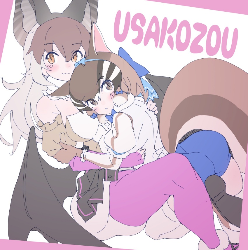 2girls :3 animal_ears bare_shoulders bat_ears bat_girl bat_wings black_skirt blue_bow blue_bowtie blue_shorts blush bow bowtie brown_eyes brown_gloves brown_hair brown_long-eared_bat_(kemono_friends) brown_shirt chipmunk_ears chipmunk_girl chipmunk_tail detached_sleeves elbow_gloves extra_ears fingerless_gloves frilled_sleeves frills fur_collar gloves hair_between_eyes hair_bow highres hug juliet_sleeves kemono_friends kemono_friends_v_project light_brown_hair long_hair long_sleeves looking_at_viewer lowlandgorilla multicolored_hair multiple_girls orange_eyes pantyhose pink_gloves pink_pantyhose pleated_skirt puffy_short_sleeves puffy_sleeves shirt short_hair short_sleeves shorts siberian_chipmunk_(kemono_friends) sidelocks sitting skirt thighhighs two-tone_shirt virtual_youtuber white_fur white_hair white_shirt white_thighhighs wings