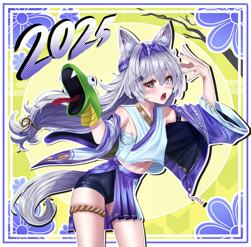 1girl 2025 absurdres alternate_costume animal_ears bare_shoulders black_shorts border breasts chest_sarashi commentary_request cowboy_shot fox_ears fox_girl hand_up highres jacket manjo_(warito) midriff nail_polish navel no._21_(pgr) punishing:_gray_raven purple_jacket purple_nails purple_skirt sarashi shorts side_slit skirt small_breasts sock_puppet solo