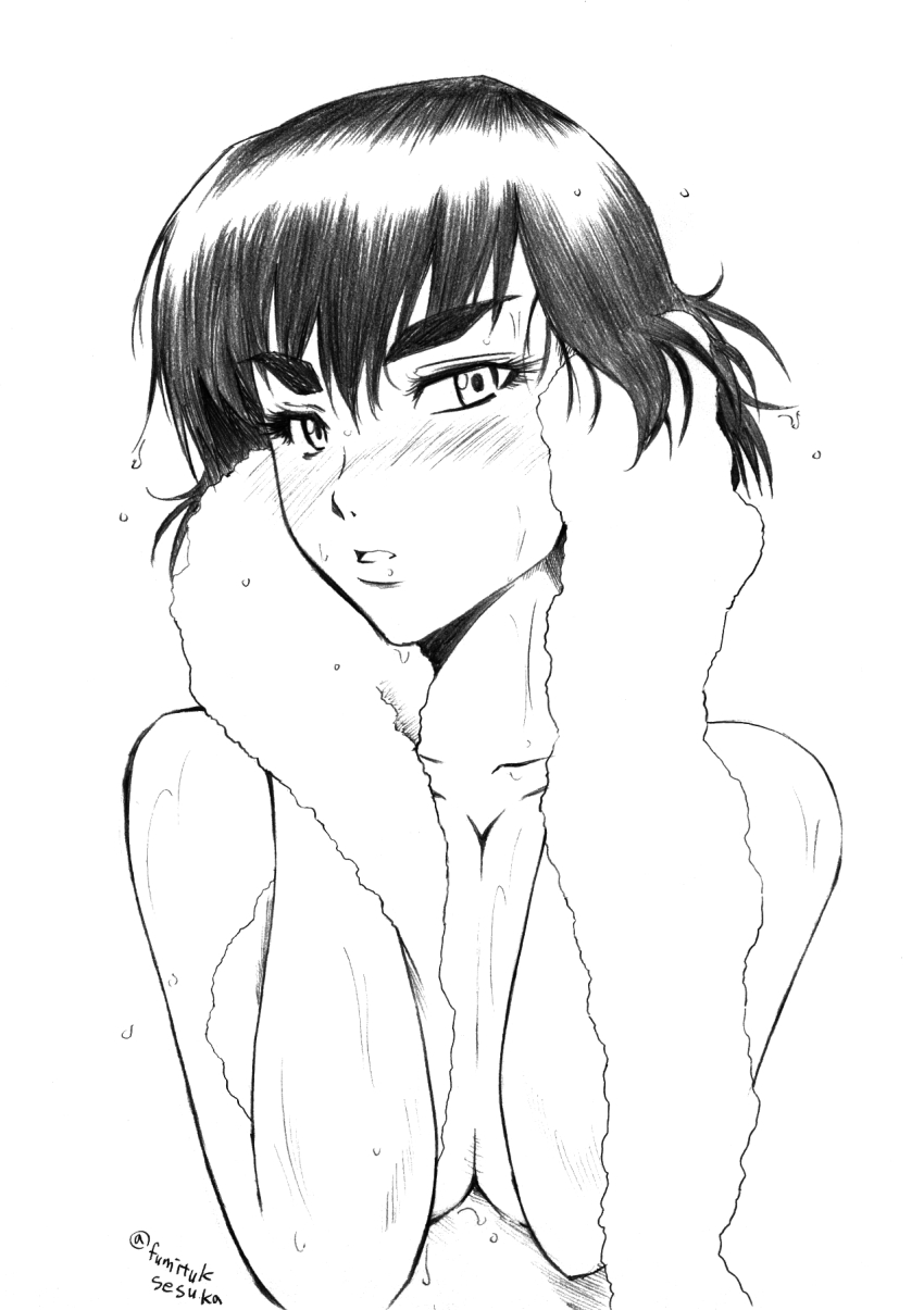 artist_name blush breasts cleavage drying fumitsuki_sesuka greyscale highres kill_la_kill kiryuuin_satsuki looking_at_viewer monochrome nude thick_eyebrows towel upper_body wet wet_hair