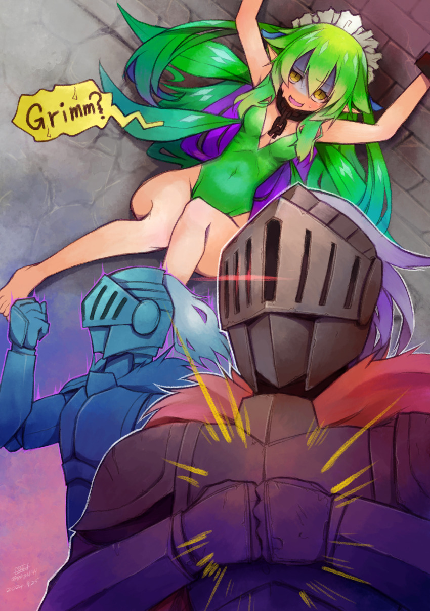 1boy 1girl absurdres armor aura barefoot black_souls black_souls_2 bound bound_arms breasts cape commentary_request dungeon fairy_wings full_armor glowing glowing_eye green_hair green_leotard grimm_(black_souls) highres knight leaf_(black_souls) leotard long_hair maid_headdress nervous small_breasts wings yellow_eyes yuuki_hiyayako