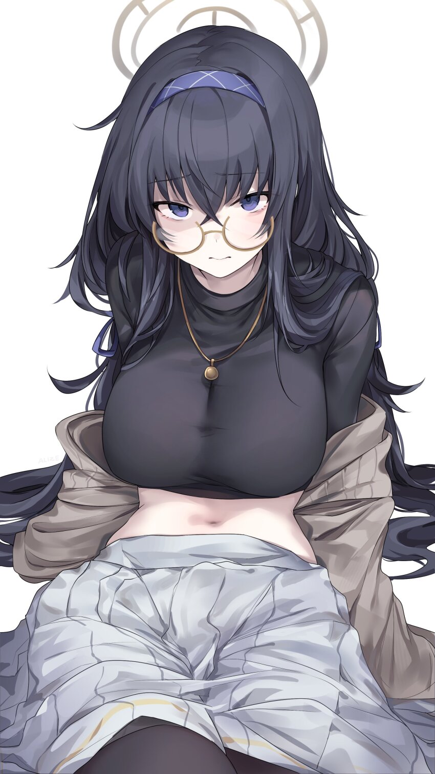 1girl absurdres allze alternate_breast_size bags_under_eyes black_hair black_pantyhose blue_archive blue_hairband breasts cardigan cropped_shirt glasses grey_cardigan hairband halo highres jewelry large_breasts long_hair looking_at_viewer navel necklace pantyhose pleated_skirt purple_eyes shirt simple_background skirt solo taut_clothes taut_shirt ui_(blue_archive) very_long_hair white_background white_skirt yellow-framed_eyewear