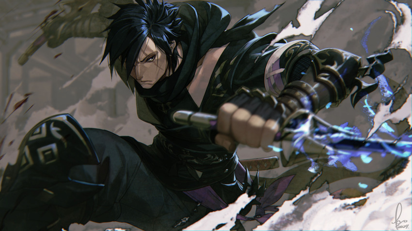 1boy absurdres armor black_hair black_panties black_scarf black_shirt blurry blurry_foreground dagger dated dual_wielding final_fantasy final_fantasy_xiv gloves glowing glowing_weapon greaves hair_over_one_eye highres holding holding_dagger holding_knife holding_weapon knife kyo_(kuroichigo) male_focus ninja_(final_fantasy) panties partially_fingerless_gloves scar scar_on_face scarf shirt short_hair signature solo underwear weapon