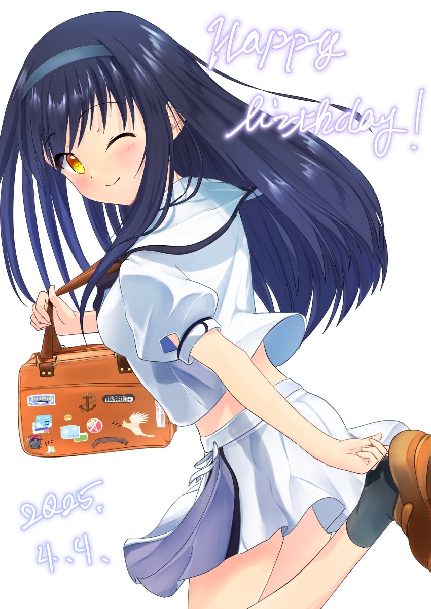 1girl 2025 ;) absurdres bag black_hair black_hairband black_socks blush brown_bag brown_shoes butterfly_hair_ornament closed_mouth cowboy_shot dated floating_clothes floating_hair from_side hair_between_eyes hair_ornament hairband happy happy_birthday hashtag-only_commentary highres holding holding_bag kushima_kamome loafers long_hair looking_at_viewer midriff miniskirt miraikanai official_alternate_costume one_eye_closed puffy_short_sleeves puffy_sleeves ringed_eyes sailor_collar school_uniform serafuku shirt shoes short_sleeves simple_background skirt skull_and_crossbones skull_hair_ornament smile socks solo standing standing_on_one_leg straight_hair summer_pockets summer_pockets_school_uniform white_background white_sailor_collar white_serafuku white_shirt white_skirt yellow_eyes