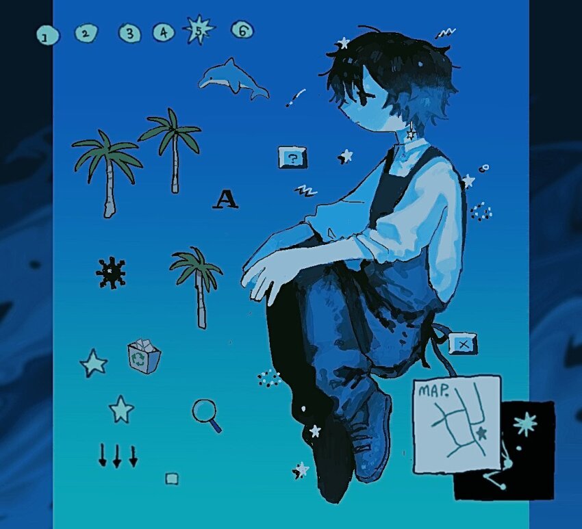 1boy apron arrow_(symbol) black_apron black_hair black_pants black_shoes blue_theme demitasse_(ru-neo) dolphin full_body magnifying_glass male_focus map original palm_tree pants push-button recycle_bin ru-neo_(neoru18436) shirt shoes short_hair solo star_(symbol) tree white_shirt