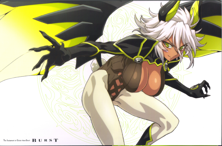 10s 1girl absurdres blush breasts rabbit_tail claws cleavage cleavage_cutout clothing_cutout dark_skin dark-skinned_female facial_mark female_focus hair_between_eyes highres horns large_breasts looking_at_viewer megami_magazine official_art pantyhose shinmai_maou_no_testament short_hair smile solo tail white_hair wings yellow_eyes zest