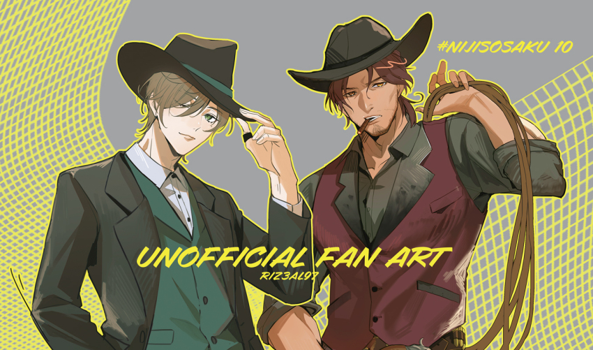 2boys alternate_costume beard_stubble belmond_banderas belt black_hat black_jacket black_shirt blazer brown_hair brown_pants cigar closed_mouth collared_shirt colored_lapels cowboy cowboy_hat cowboy_western facial_hair fedora green_eyes green_vest hand_on_own_hip hat hat_tip holding holding_rope jacket jewelry lapels lasso looking_at_viewer male_focus medium_hair mole mole_under_eye multiple_boys nijisanji notched_lapels oliver_evans one_eye_closed open_clothes open_collar open_jacket outline pants ponytail red_vest ring riz3 rope serious shirt short_hair short_ponytail smile stubble tan three-quarter_sleeves twitter_username upper_body vest virtual_youtuber western white_shirt yellow_eyes