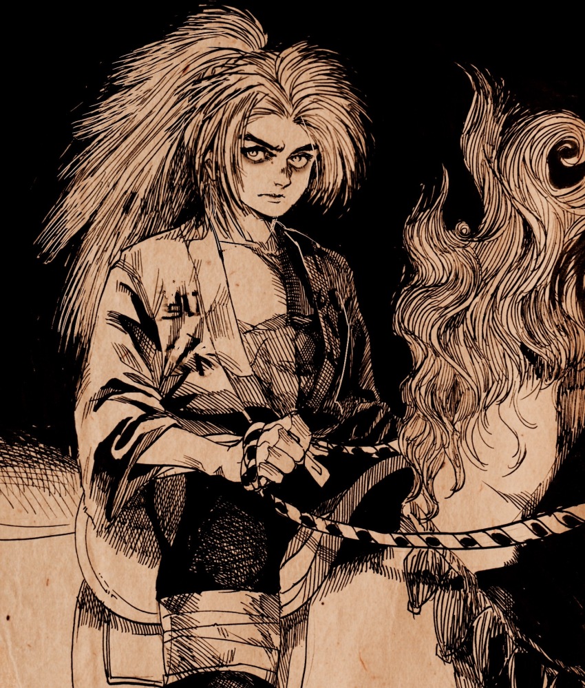 1boy animal closed_mouth crosshatching dororo_(tezuka) hashi84e hatching_(texture) highres holding holding_reins horse horseback_riding hyakkimaru_(dororo) japanese_clothes long_hair looking_at_viewer male_focus messy_hair monochrome ponytail reins riding serious solo