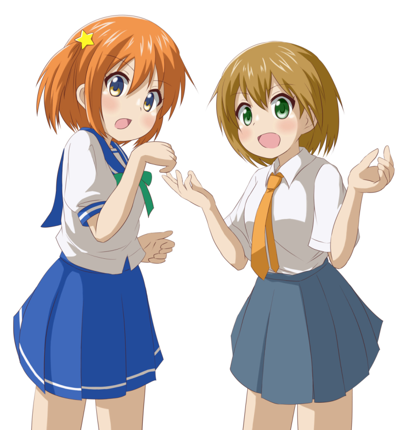 2girls akeno_mihoshi blue_sailor_collar blush brown_hair crossover female_focus green_eyes hair_ornament highres koisuru_asteroid konohata_mira legs looking_at_viewer multicolored_hair multiple_girls nanog_eb1994 necktie open_mouth orange_hair sailor_collar shirt short_hair short_sleeves simple_background sora_no_manimani standing star_(symbol) star_hair_ornament white_background