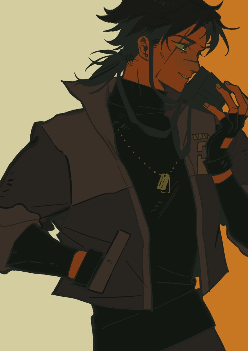 1boy armored_core armored_core_vi:_fires_of_rubicon black_eyes black_gloves black_hair black_jacket black_shirt cowboy_shot dog_tags ear_piercing fingerless_gloves gloves hand_up highres holding holding_mask jacket la_bo_chu_shi long_sleeves male_focus mask muzzle parted_lips piercing profile scar scar_across_eye scar_on_face scar_on_nose shirt short_hair smile solo standing v.iv_rusty yellow_background