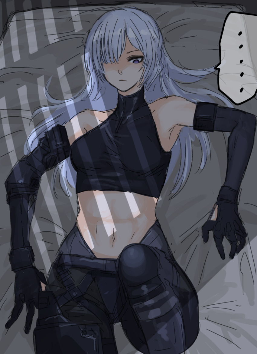 ... 1girl ak-15_(girls&#039;_frontline) black_gloves fuku_(fuku12290574) girls&#039;_frontline gloves grey_hair hair_over_one_eye highres long_bangs long_hair long_sleeves lying navel on_back pov purple_eyes solo speech_bubble
