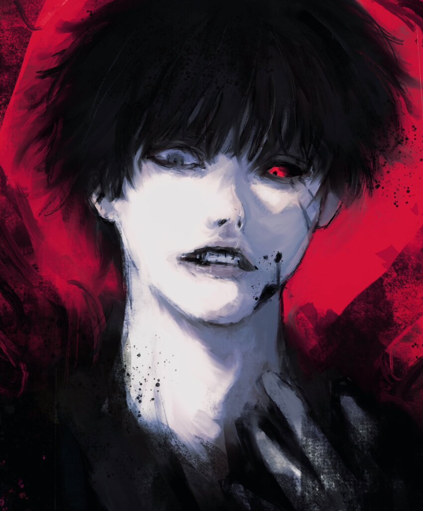 1boy black_background black_hair black_reaper black_sclera blood_on_cheek colored_sclera hand_up heterochromia highres kaneki_ken lips looking_down male_focus messy_hair mismatched_sclera painterly partially_shaded_face red_background red_eyes shirt short_hair teeth tokyo_ghoul tokyo_ghoul:re two-tone_background xa8uofivf2mcart