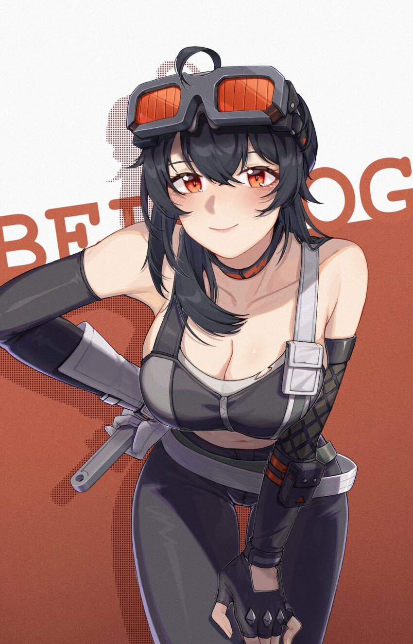 1girl bare_shoulders black_choker black_hair black_pants breasts choker cleavage cowboy_shot cyta_celest fingerless_gloves gloves goggles goggles_on_head grace_howard highres large_breasts leaning_forward leggings long_hair looking_at_viewer midriff navel orange_eyes pants smile solo sports_bra standing zenless_zone_zero