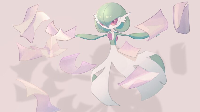 bob_cut colored_skin dress gardevoir gen_3_pokemon green_hair green_skin highres multicolored_skin mxlaghrsuk33yws nintendo outstretched_arms paper pink_eyes pokemon pokemon_(creature) simple_background two-tone_skin white_dress white_skin