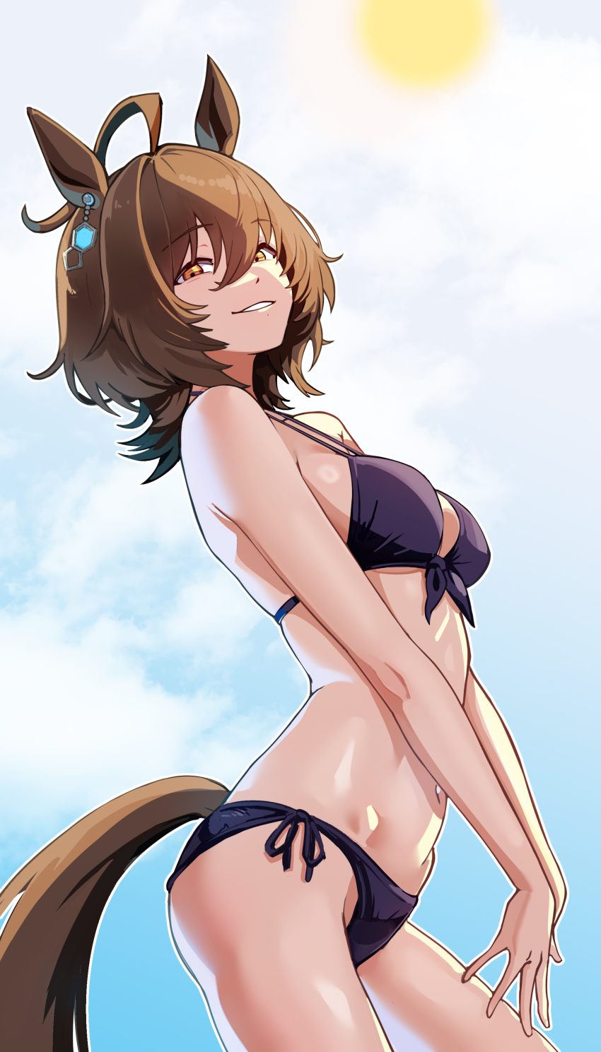 1girl absurdres agnes_tachyon_(umamusume) ahoge animal_ears bare_shoulders bikini blue_sky breasts brown_hair cell_(fu_cell) cloud earrings grin hair_between_eyes highres horse_ears horse_girl horse_tail jewelry looking_at_viewer medium_breasts medium_hair navel open_mouth purple_bikini red_eyes single_earring sky smile solo stomach swimsuit tail umamusume