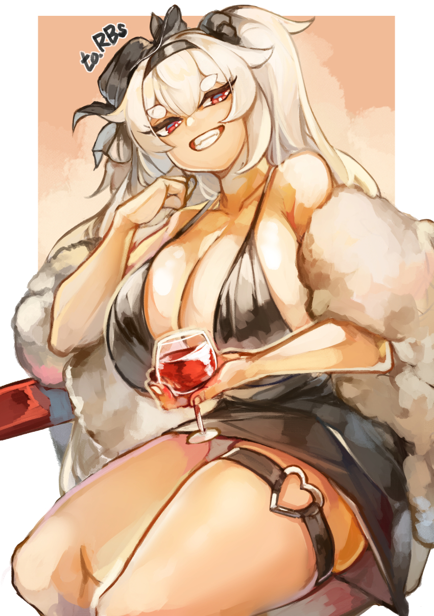 1girl absurdres alcohol alternate_costume alvis_(last_origin) black_bra bra breasts character_request cleavage commission cosplay cup drinking_glass eyelashes female_focus grin head_tilt highres huge_breasts larribee last_origin legs long_hair looking_at_viewer red_eyes sitting skirt smile solo standing thick_thighs thighs titania_frost titania_frost_(cosplay) underwear white_hair wide_hips wine wine_glass