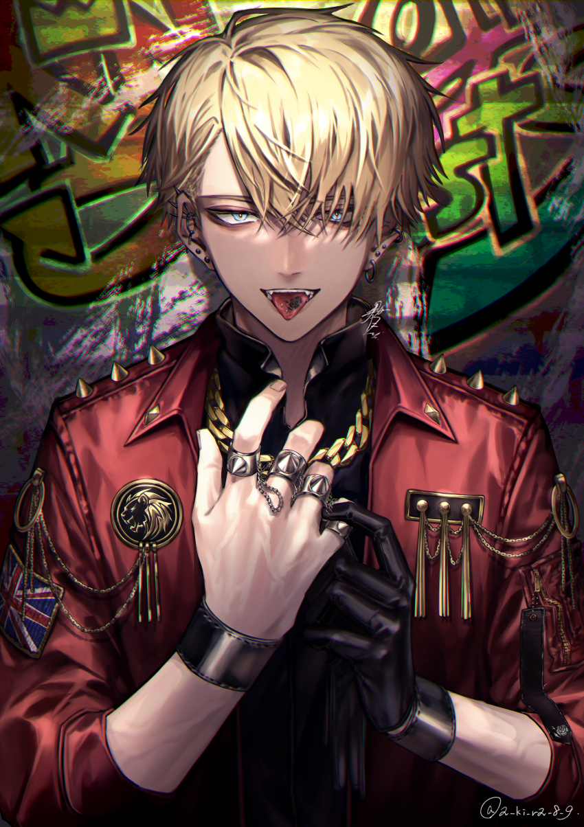 1boy absurdres akira_(a_ki_ra_8_9) black_gloves black_shirt blonde_eyebrows blonde_hair blue_eyes chain chain_necklace ear_piercing earrings fang gloves graffiti highres hoop_earrings jacket jewelry looking_at_viewer male_focus necklace open_clothes open_jacket open_mouth original piercing ring shirt short_hair signature spiked_knuckles swept_bangs teeth tongue tongue_out tongue_piercing tongue_tattoo union_jack wrist_belt